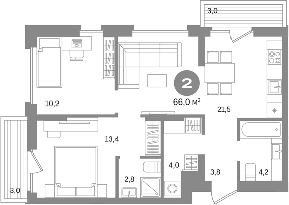 2-комн., 60 м², 3/4 этаж, ЖК «Первый квартал. Вторая очередь»