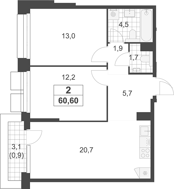3-комн., 59.7 м², 11/19 этаж, ЖК «Южные сады»