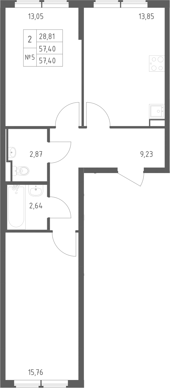 2-комн., 57.4 м², 7/12 этаж, ЖК «Остафьево»