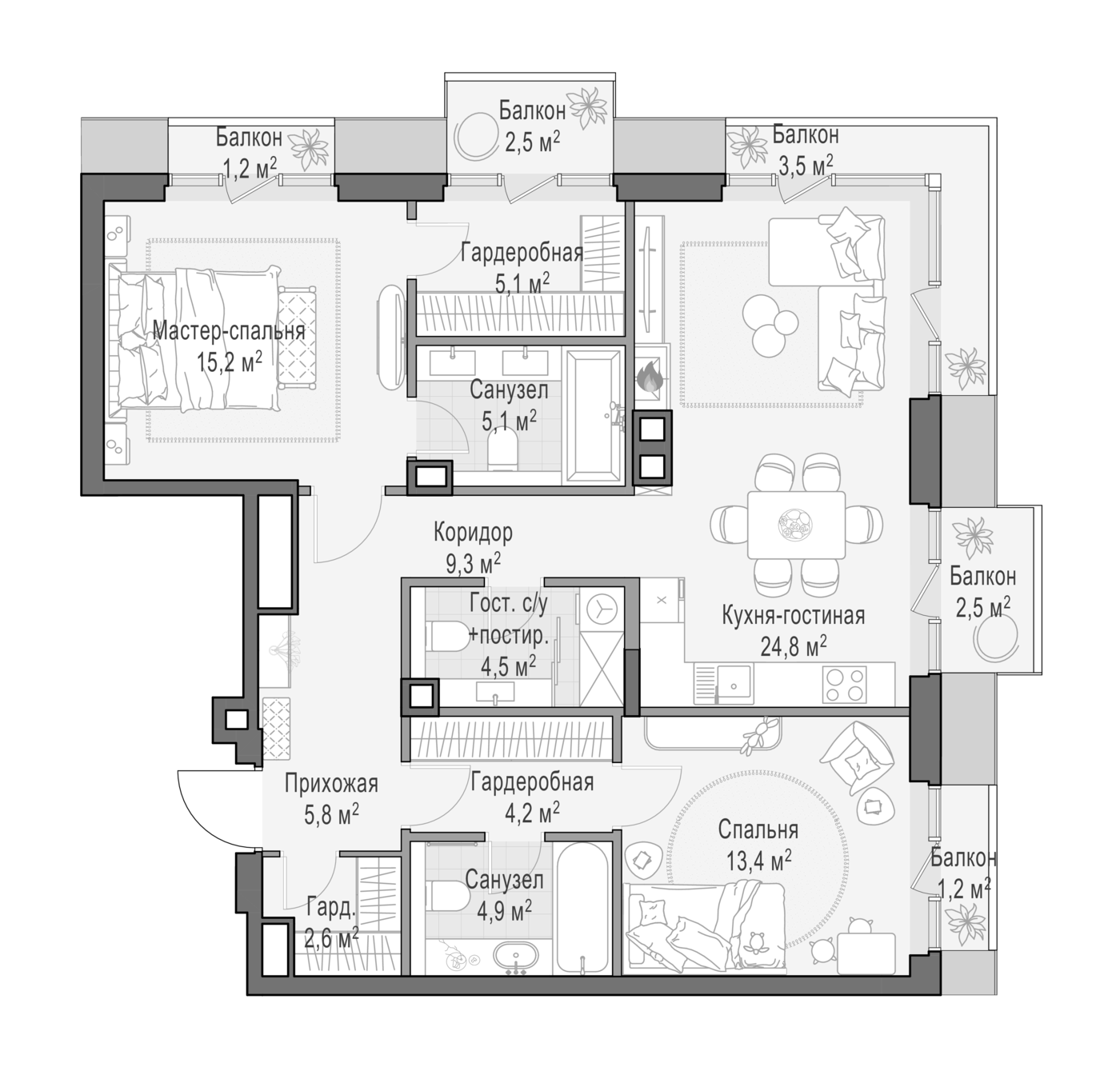 3-комн., 91.53 м², 8/9 этаж, ЖК «Квартал Тишинский бульвар»