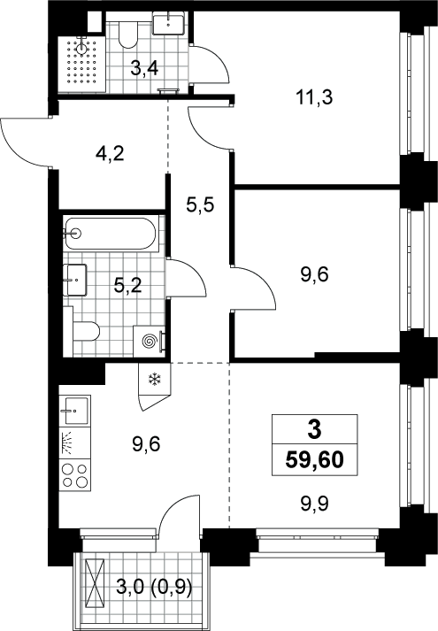 3-комн., 58.7 м², 3/13 этаж, ЖК «Хольм»