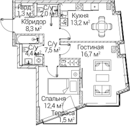2-комн., 56.5 м², 8/12 этаж, ЖК «СЕЗАР БУДУЩЕЕ»