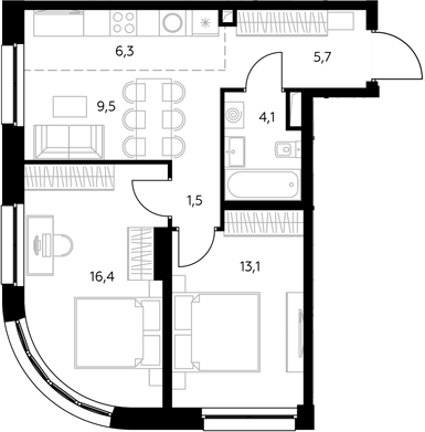 3-комн., 56.6 м², 30/43 этаж, ЖК «Адмирал»