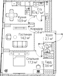 2-комн., 61.77 м², 33/60 этаж, ЖК «СЕЗАР БУДУЩЕЕ»