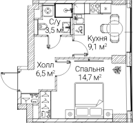 1-комн., 33.79 м², 20/60 этаж, ЖК «СЕЗАР БУДУЩЕЕ»