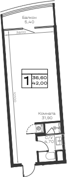 Студия, 36.6 м², 6/9 этаж, ЖК «Хако»