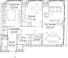 2-комн., 62.5 м², 41/60 этаж, ЖК «СЕЗАР БУДУЩЕЕ»