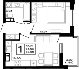 1-комн., 33.08 м², 15/16 этаж, ЖК «Горные высоты»
