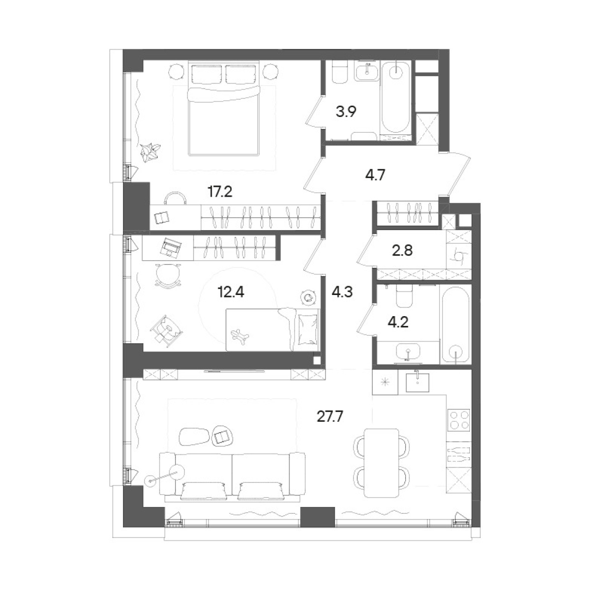 3-комн., 77.2 м², 18/45 этаж, ЖК «СТОУН Грэйн»