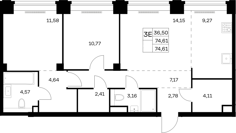 3-комн., 74.61 м², 25/32 этаж, ЖК «НОВА»
