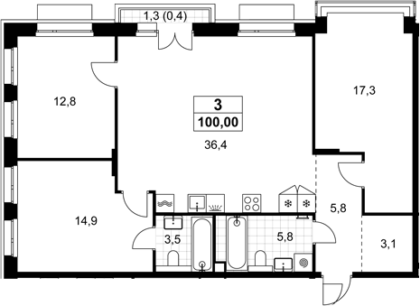 4+ комнаты, 99.6 м², 3/8 этаж, ЖК «Хольм»