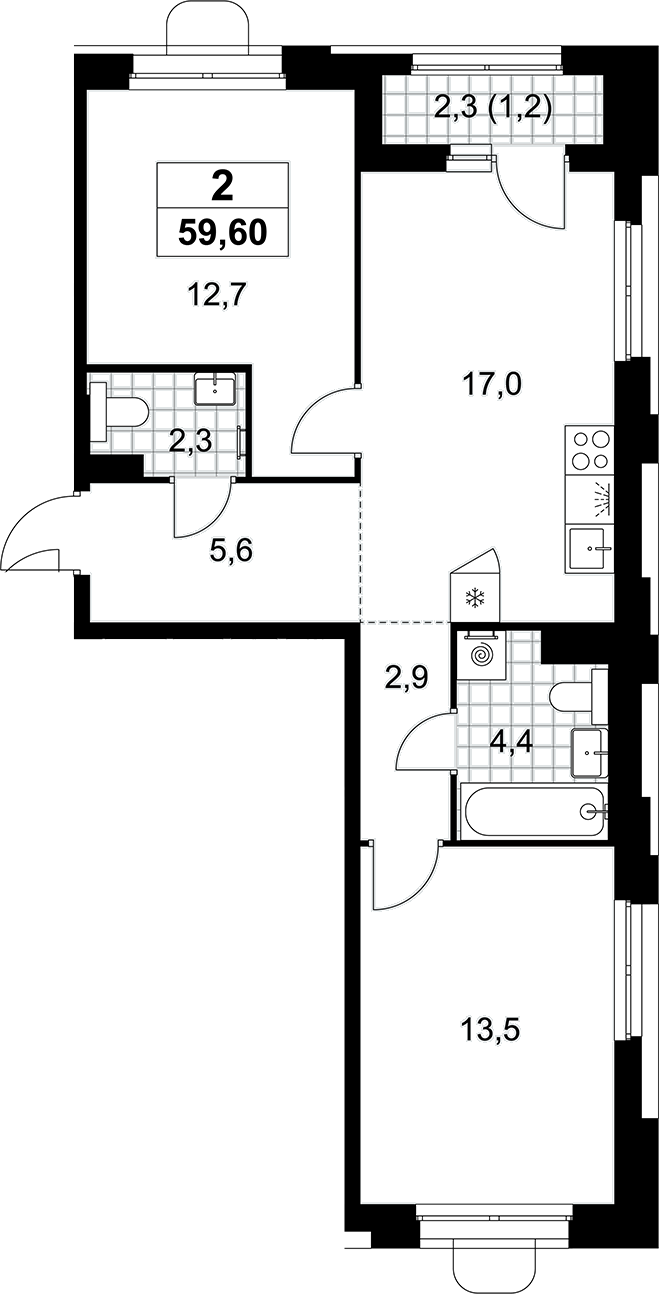3-комн., 58.4 м², 8/8 этаж, ЖК «Прокшино»