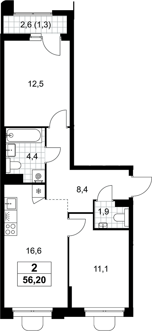 3-комн., 54.9 м², 5/7 этаж, ЖК «Прокшино»