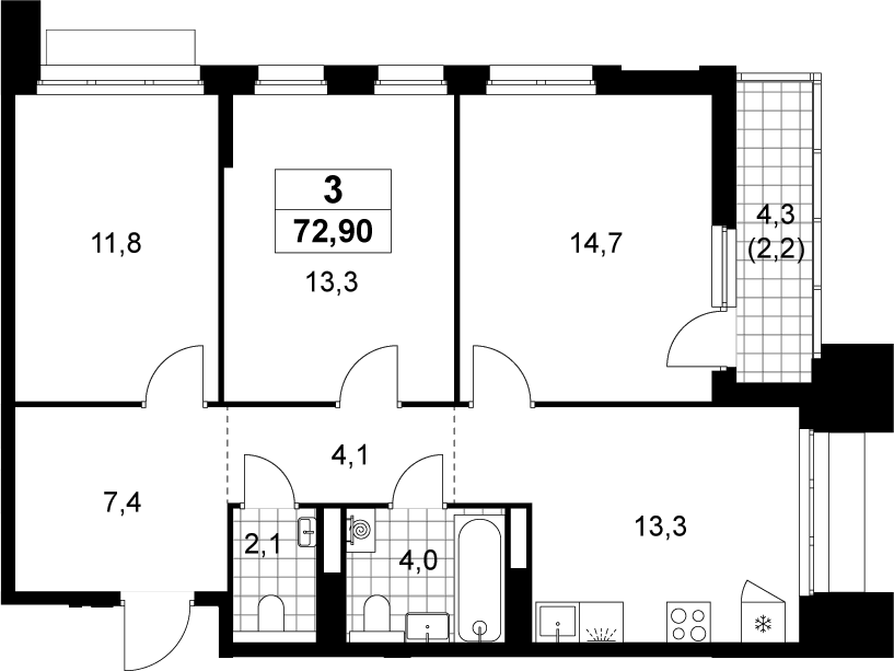 3-комн., 70.7 м², 19/22 этаж, ЖК «Деснаречье»