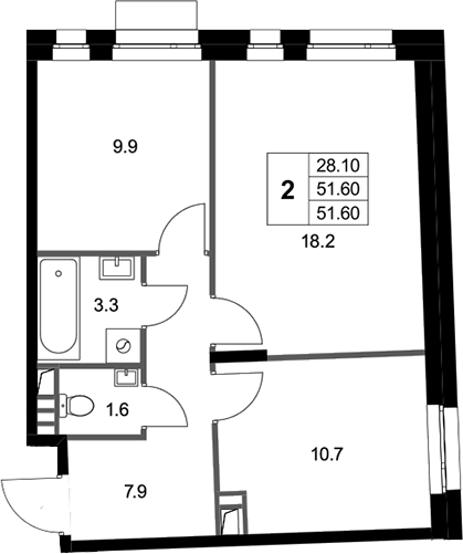 2-комн., 51.6 м², 3/3 этаж, ЖК «Кореневский Форт 2.3»