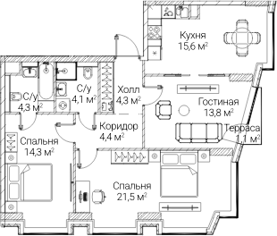 3-комн., 81.36 м², 43/60 этаж, ЖК «СЕЗАР БУДУЩЕЕ»