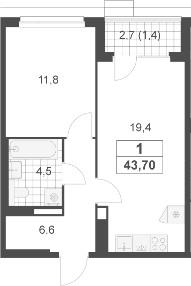 2-комн., 42.3 м², 13/17 этаж, ЖК «Скандинавия»