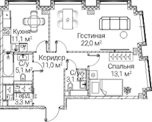 2-комн., 68.7 м², 12/12 этаж, ЖК «СЕЗАР БУДУЩЕЕ»