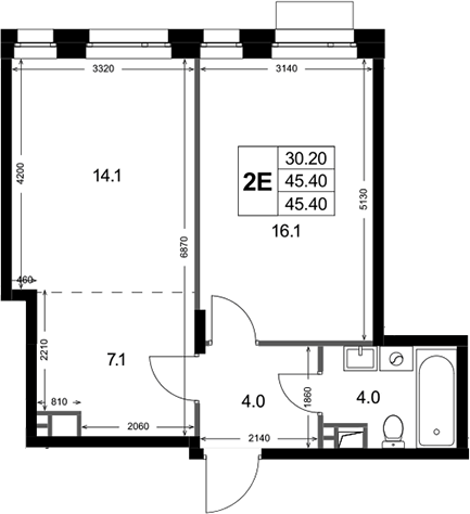 2-комн., 45.4 м², 2/3 этаж, ЖК «Кореневский Форт 2.3»