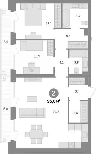2-комн., 83.6 м², 12/43 этаж, ЖК «Квартал Издание»