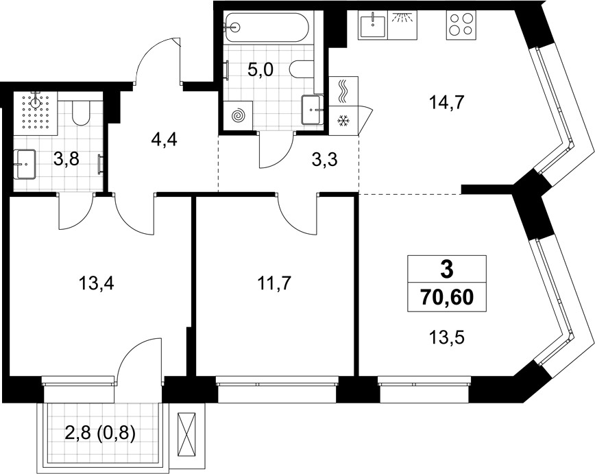 3-комн., 69.8 м², 5/7 этаж, ЖК «Хольм»
