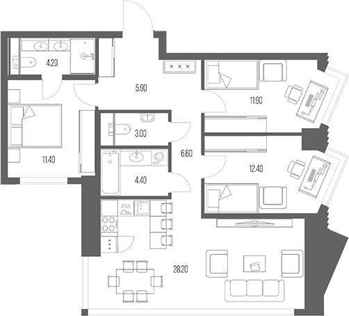 3-комн., 88 м², 13/54 этаж, ЖК «Северный Порт»