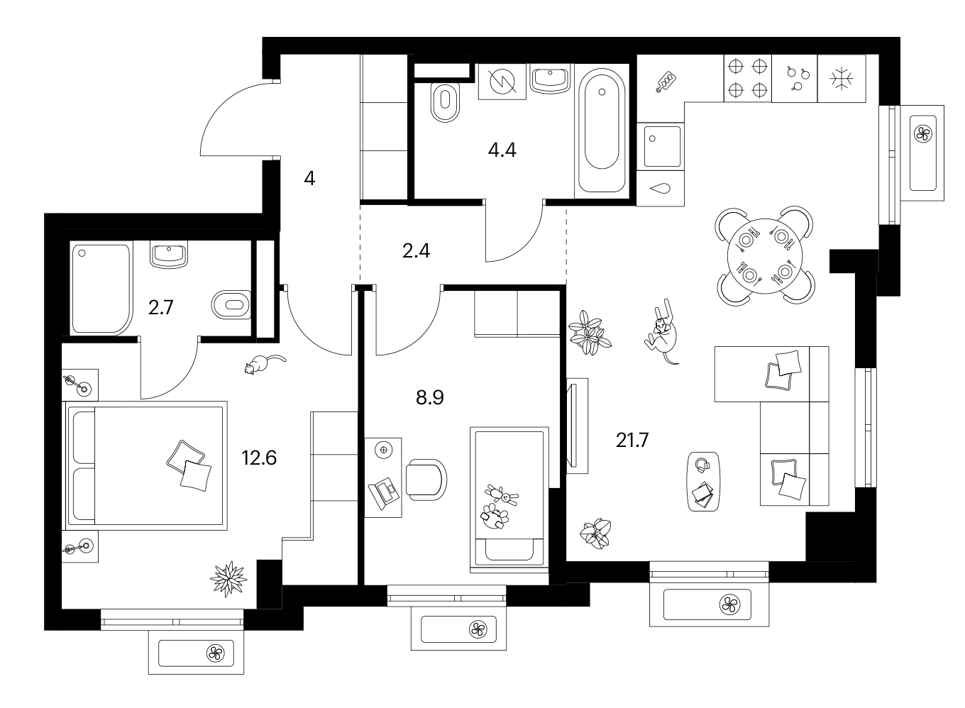 2-комн., 56.7 м², 20/25 этаж, ЖК «Ярославский»