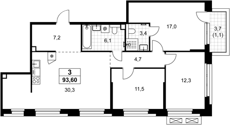 4+ комнаты, 92.5 м², 2/15 этаж, ЖК «Хольм»