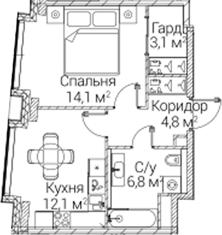 1-комн., 40.9 м², 8/12 этаж, ЖК «СЕЗАР БУДУЩЕЕ»