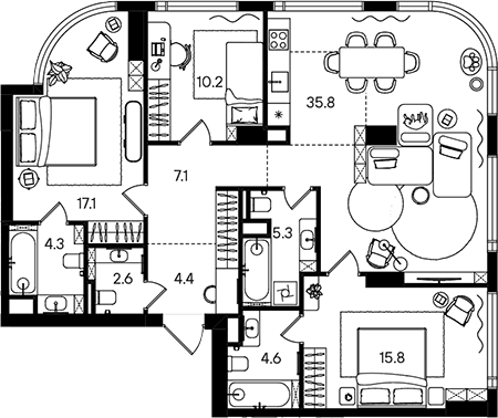 4+ комнаты, 107.2 м², 38/50 этаж, ЖК «СТОУН Блик»