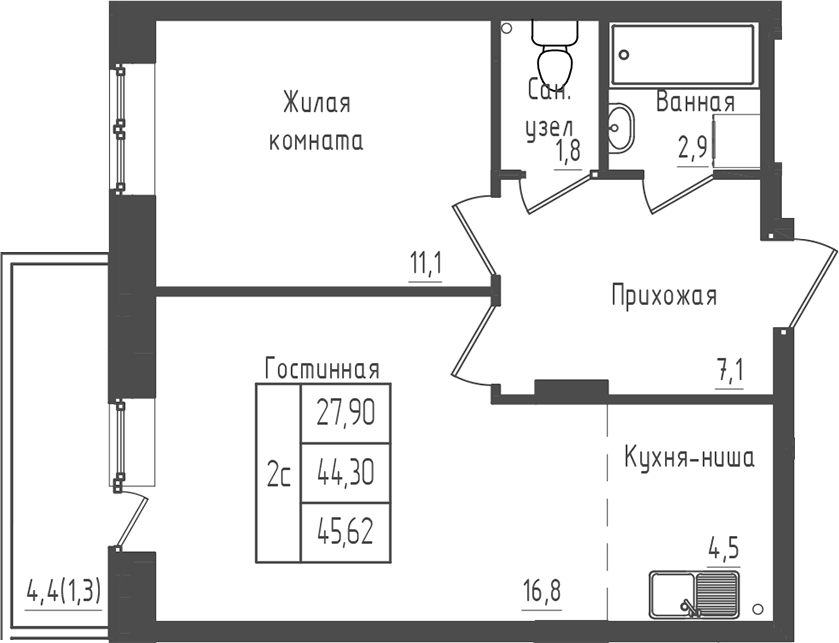 1-комн., 44.29 м², 1/5 этаж, ЖК «Зеленый город»