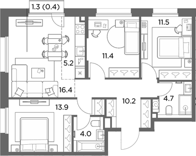 4+ комнаты, 77.3 м², 2/4 этаж, ЖК «Станиславский»