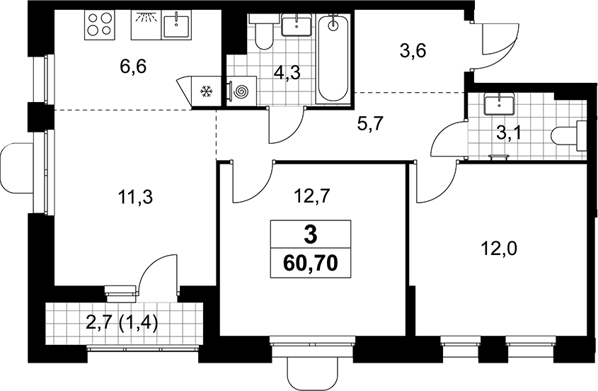 3-комн., 59.3 м², 4/10 этаж, ЖК «Прокшино»