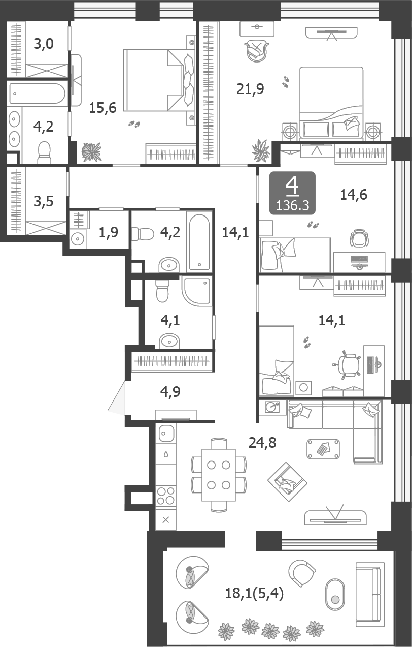 4+ комнаты, 130.9 м², 11/14 этаж, ЖК «Шагал»