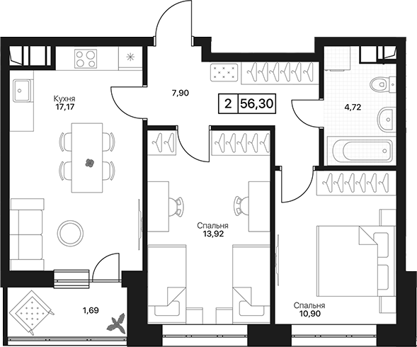 2-комн., 54.61 м², 6/17 этаж, ЖК «Пушкино Град»