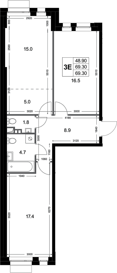 3-комн., 69.3 м², 1/3 этаж, ЖК «Кореневский Форт 2.3»