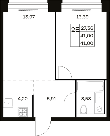 2-комн., 41 м², 5/12 этаж, ЖК «НОВА»