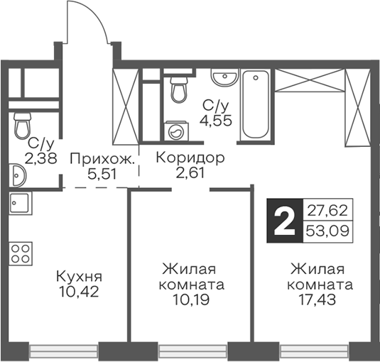 2-комн. Гранель Тринити
