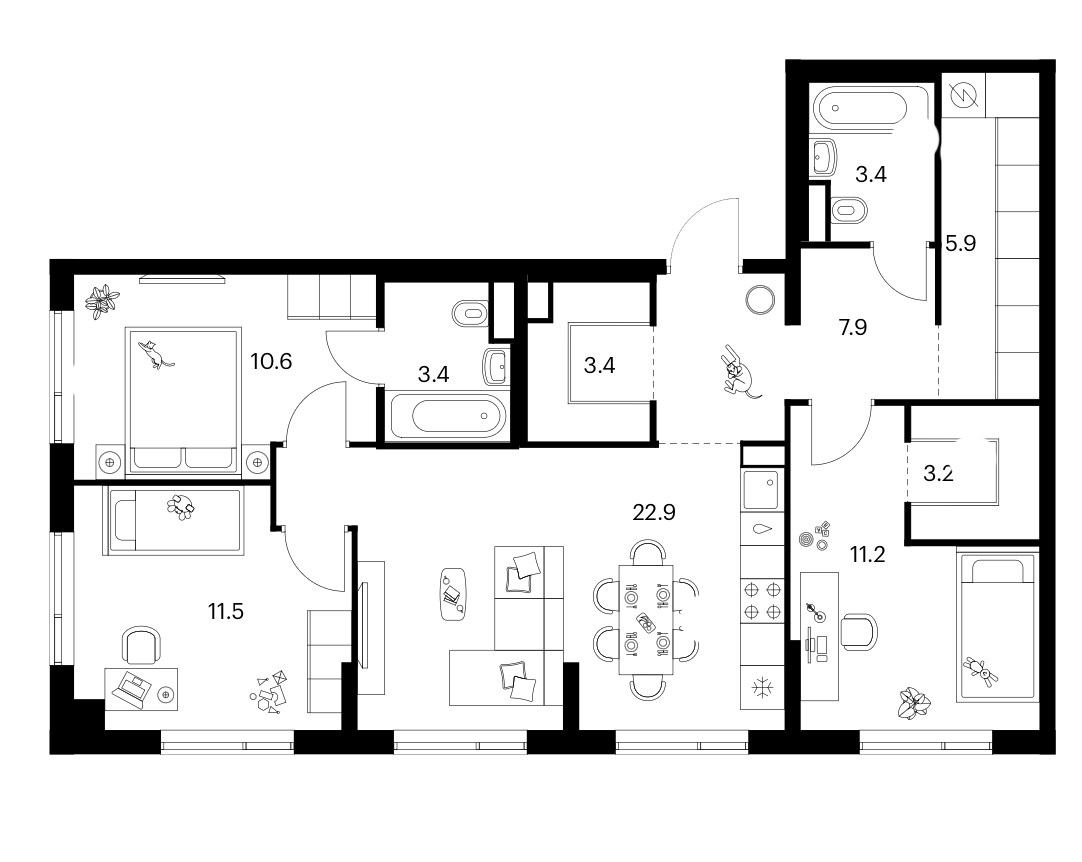 3-комн., 83.4 м², 2/16 этаж, ЖК «Бунинская набережная»