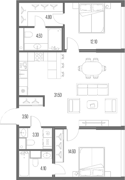 2-комн., 78.4 м², 12/12 этаж, ЖК «Северный Порт»