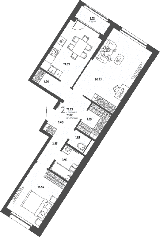 2-комн., 70 м², 16/17 этаж, ЖК «Страна.Парковая»