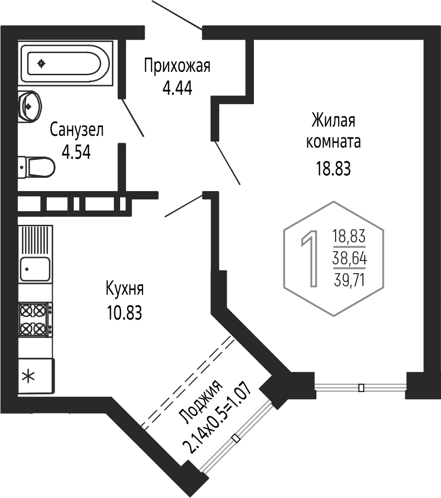 1-комн., 38.64 м², 3/24 этаж, ЖК «Гарантия PRIME»