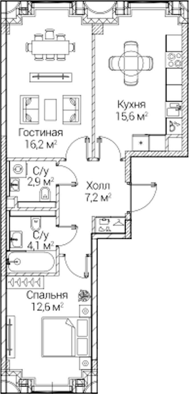 2-комн., 58.6 м², 4/6 этаж, ЖК «СЕЗАР БУДУЩЕЕ»