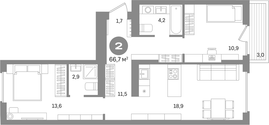 2-комн., 63.7 м², 2/8 этаж, ЖК «Первый квартал. Вторая очередь»