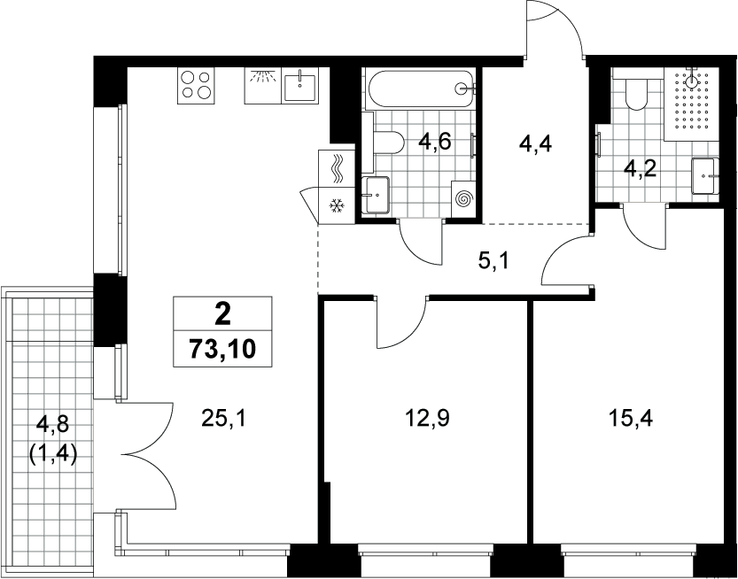 3-комн., 71.7 м², 12/15 этаж, ЖК «Хольм»