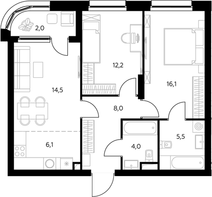 3-комн., 67.5 м², 22/43 этаж, ЖК «Адмирал»
