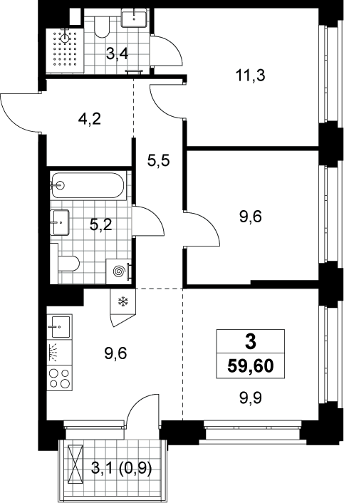 3-комн., 58.7 м², 7/13 этаж, ЖК «Хольм»
