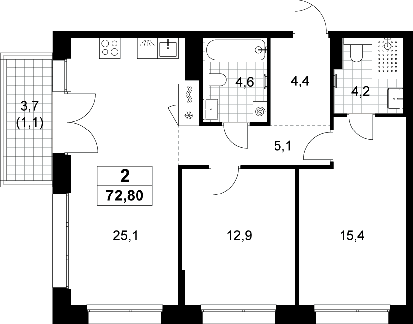 3-комн., 71.7 м², 11/15 этаж, ЖК «Хольм»