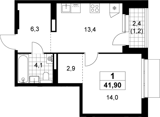1-комн., 40.7 м², 19/19 этаж, ЖК «Деснаречье»