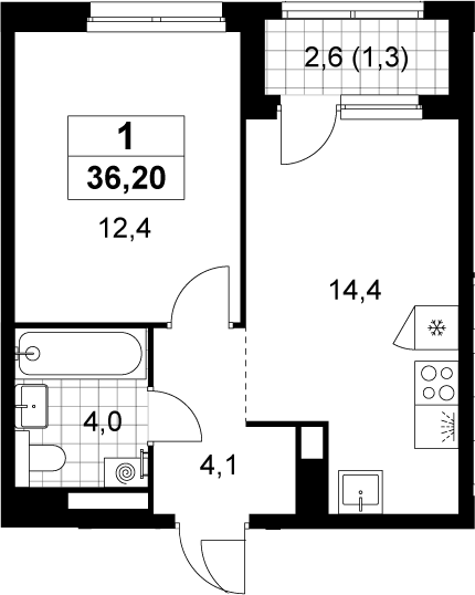 1-комн., 34.9 м², 10/12 этаж, ЖК «Деснаречье»